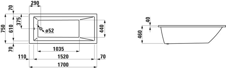 Produktbild Laufen Einbau-Badewanne PRO 1695x755mm weiss (185 l, 169.50 cm, 75.50 cm)