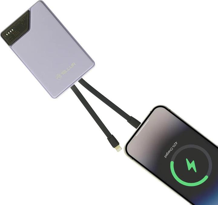 Actual product image Tellur Power Bank 10000mAh, USB-C + Lightning cables built-in purple (10000 mAh)