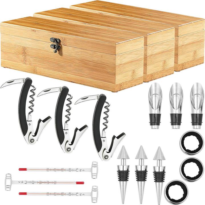 Immagine prodotto Carlo Milano 3x 5-piece sommelier set in nobile confezione regalo per 1 bottiglia di vino (Chiusura per il vino, Termometro per vino, Versatore di vino)
