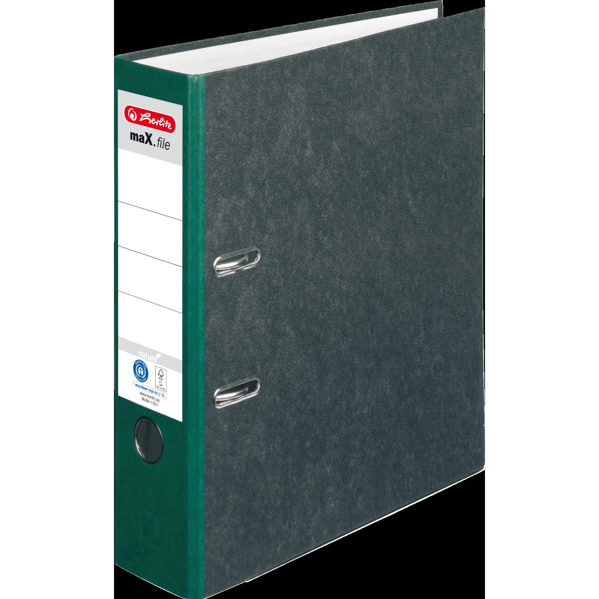 Herlitz, Ordner, Ordner maX.file nature, Rückenbreite: 80 mm, grüner Rücken, mit schwarzem Wolkenmarmorpapier-Überzug (A...