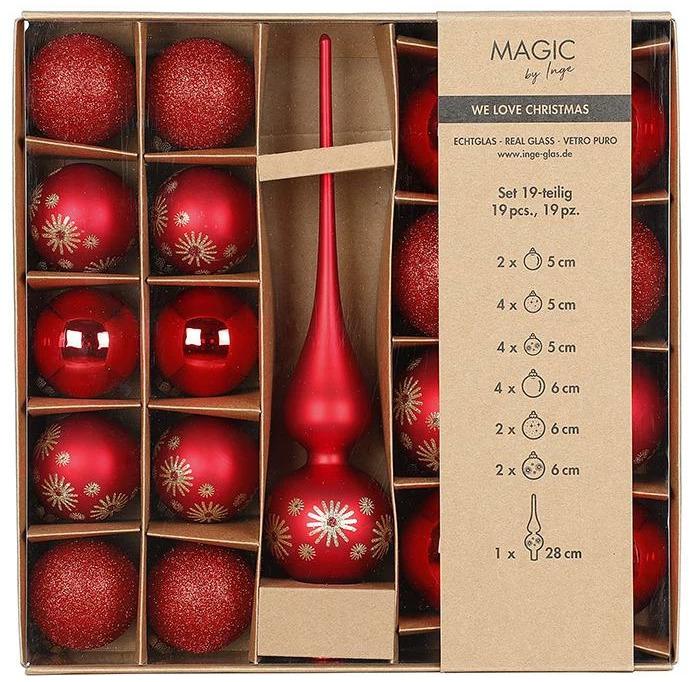 Inge’s Glas Christmas Decor Kerstbalset met Boomtop Vrolijk Rood 19 Stuks (19 -Part)