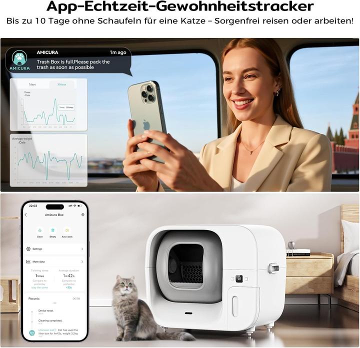Actual product image AmiCura Cura 3 Selbstreinigende Katzentoilette,Auto Füllende Katzenklo Geruchskontrolle,TÜV,App,60L (Self-cleaning litter tray)