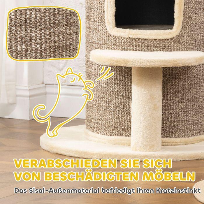 Produktbild Swisshandel24 Katzenfass, 2 Ebenen, Plattform, Aussichtspunkt, Kratzmatte, Beige (61 cm, Beige+Braun)