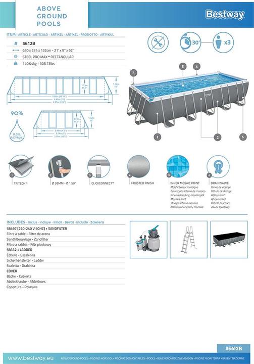 Actual product image Bestway Power Steel Frame Pool Komplett- Set 640 x 274 x 132 cm (640 x 274 x 132 cm)