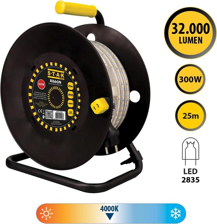 Immagine prodotto S.T.A.K Nastro LED IP65 25m 32000 lumen con avvolgitore, impermeabile per esterni (Luce del giorno, 2500 cm, Esterno)