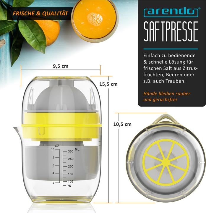 Produktbild Arendo Zitruspresse, Saftpresse, Entsafter manuell, Limettenpresse, Zitronenpresse, 300 ml, Orangenpresse