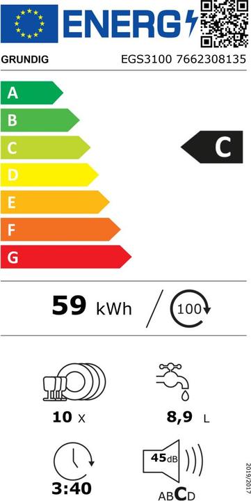 Etichetta energetica Grundig Lavastoviglie EGS3100, 45 cm, completamente integrata
