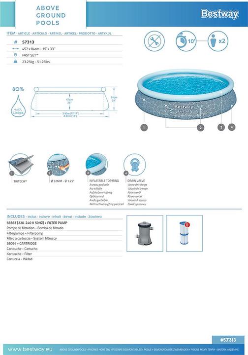 Image du produit Bestway Fast Set Kit piscine gonflable r onde 4,57 m x 84 cm