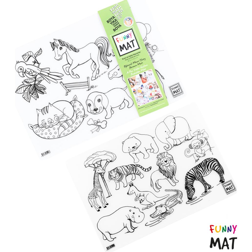 Funny Mat, Unterlage, Set wiederverwendbare Malvorlagen Haustiere und Wildtiere, 2-er set