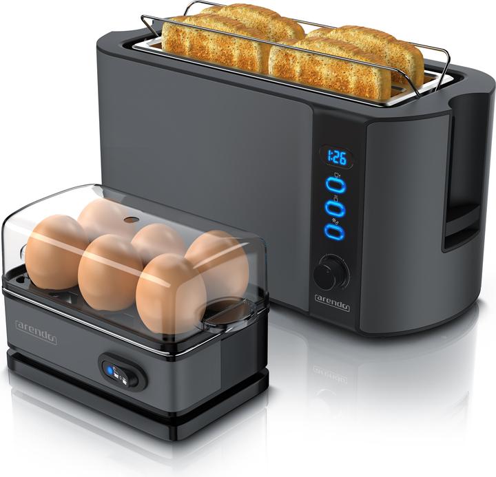 Produktbild Arendo Frühstücks Set, 4-Scheiben Langschlitz Toaster mit Brötchenaufsatz & Eierkocher für 6 Eier, Grau