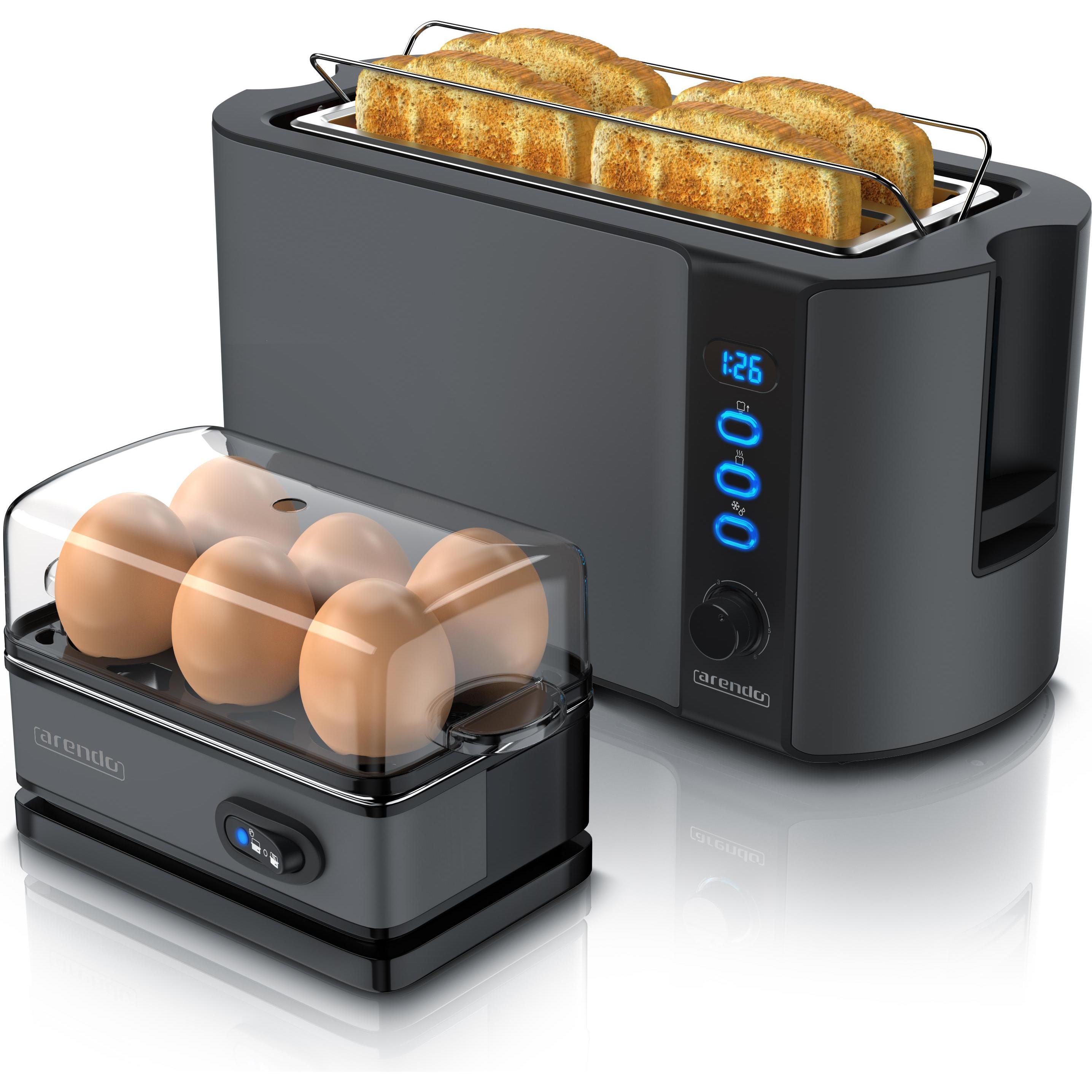 Arendo Frühstücks Set, 4-Scheiben Langschlitz Toaster mit Brötchenaufsatz & Eierkocher für 6 Eier, Grau, Toaster, Grau