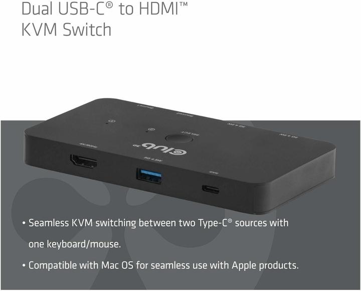 Produktbild Club 3D Club3D KVM Switch 4K60Hz 2x USB-C> HDMI/3xUSB/USB-C 100W PD