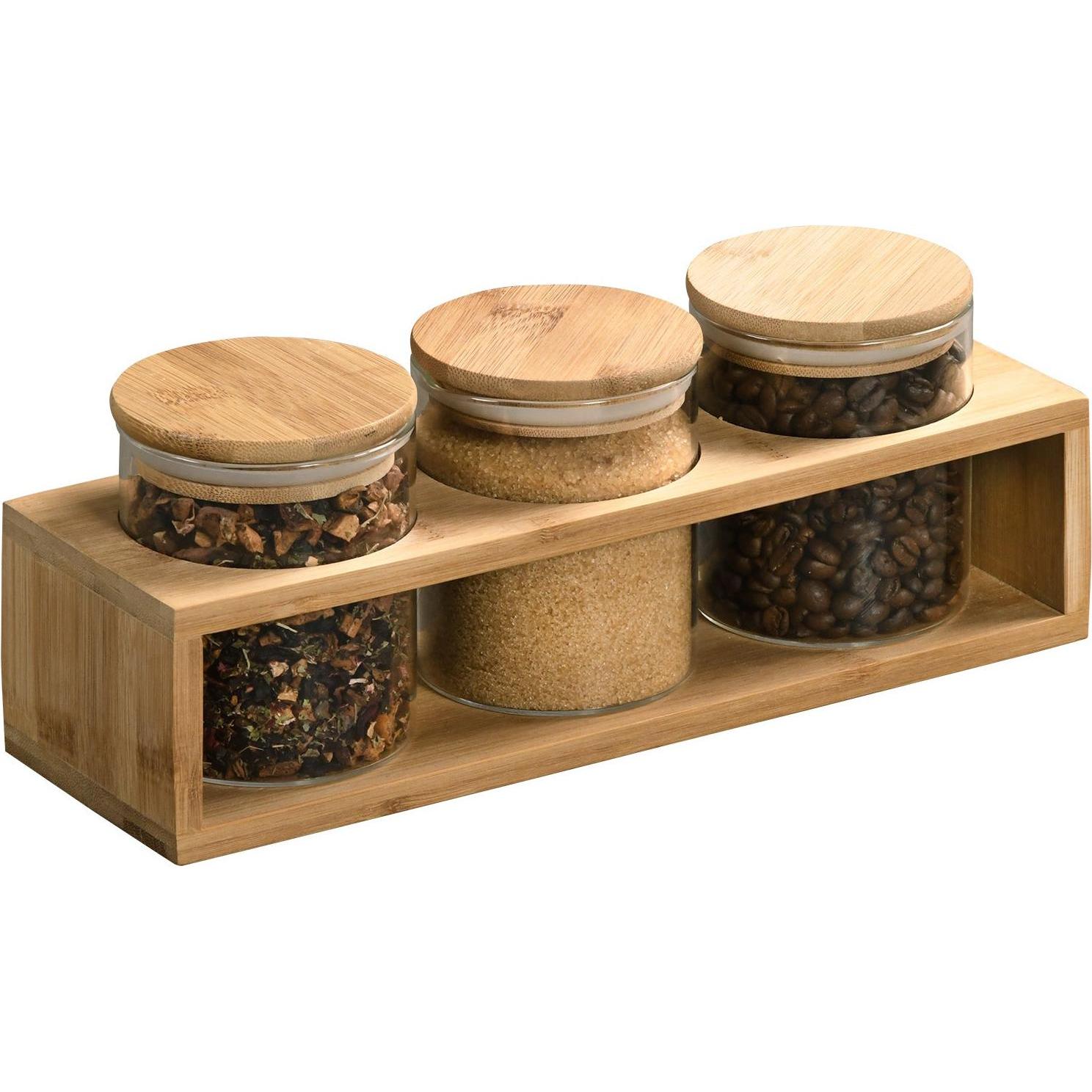 Kesper Aufbewahrungsgläser mit Holzgestell, Vorratsbehälter, Braun, Transparent