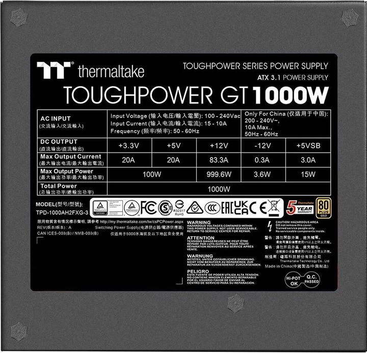 Image du produit Thermaltake Netzteil Toughpower GT 1000W ATX3.1/GEN5 80+G BK retail (1000 W)