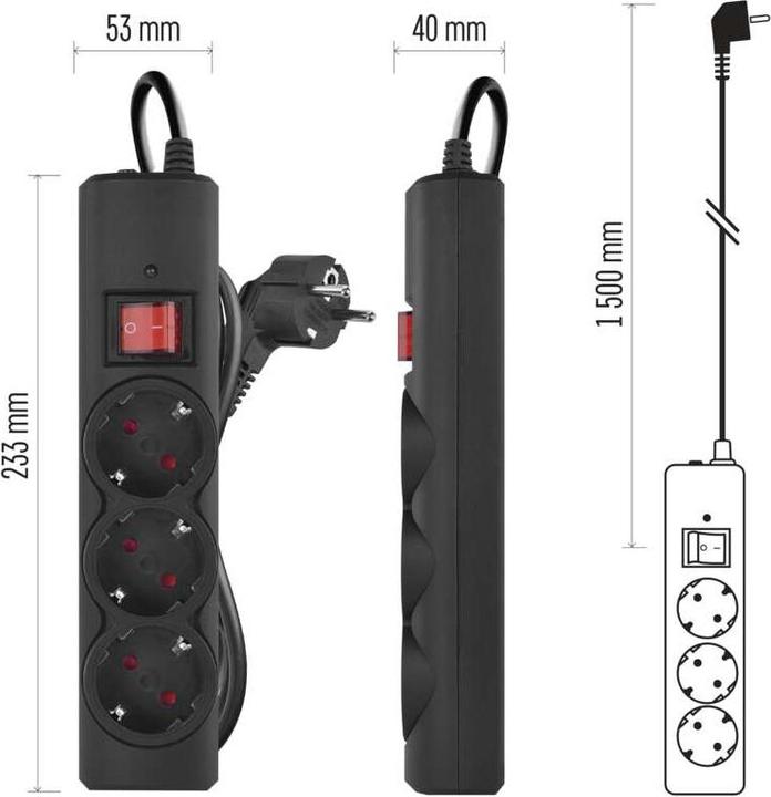 Immagine prodotto Emos Überspannungsschutz – 3 Steckdosen, 1,5 m, schwarz (3 x, 1.50 m)