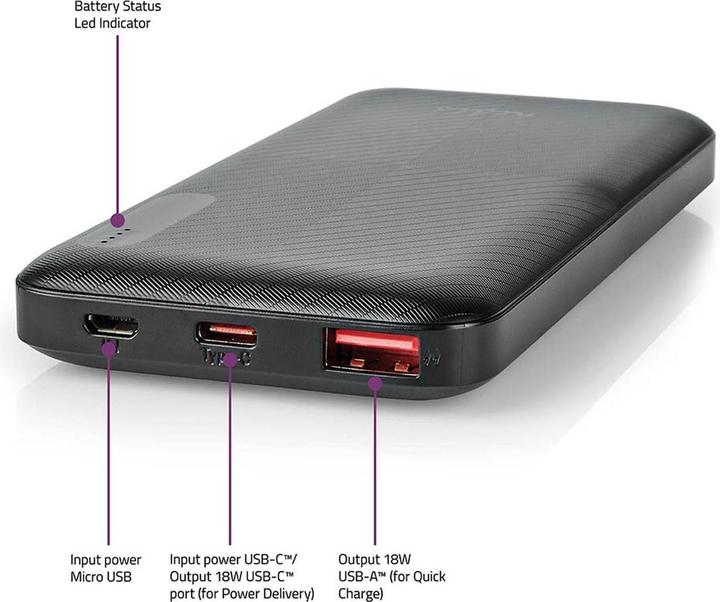 Productafbeelding Nedis Powerbank 10000mAh 2x3.0A USBA/USBC uitgang MicroUSB/USBC ingang (10000 mAh, 18 W, 37 Wh)
