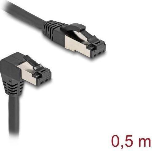 Actual product image Delock RJ45 network cable Cat.8.1 S/FTP 90° bottom angled / straight 0.5 m black (S/FTP, CAT8.1, 0.50 m)