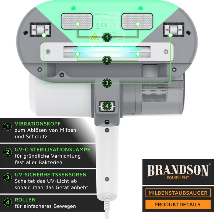 Produktbild Brandson Milbenstaubsauger, UV-C Licht, 300 W Matratzenreinigungsgerät, beutellos, HEPA-Filter für Allergiker