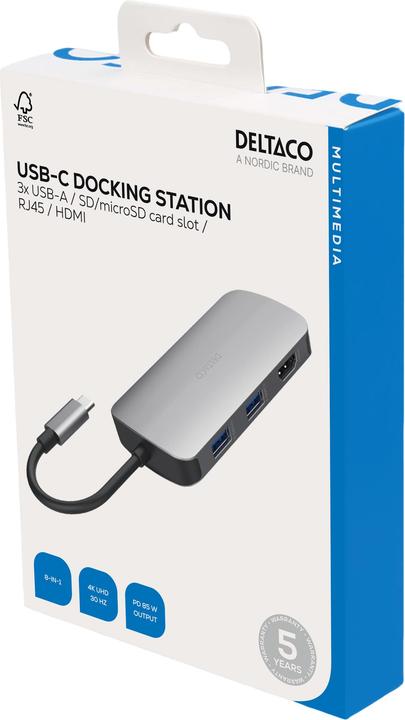 Produktbild Deltaco USB-C jungčių stotelė, 1x HDMI/RJ45/SD/mSD, 3x USB-A / USBC-HDMI26 / 1902421 (USB-C, 8 Ports)
