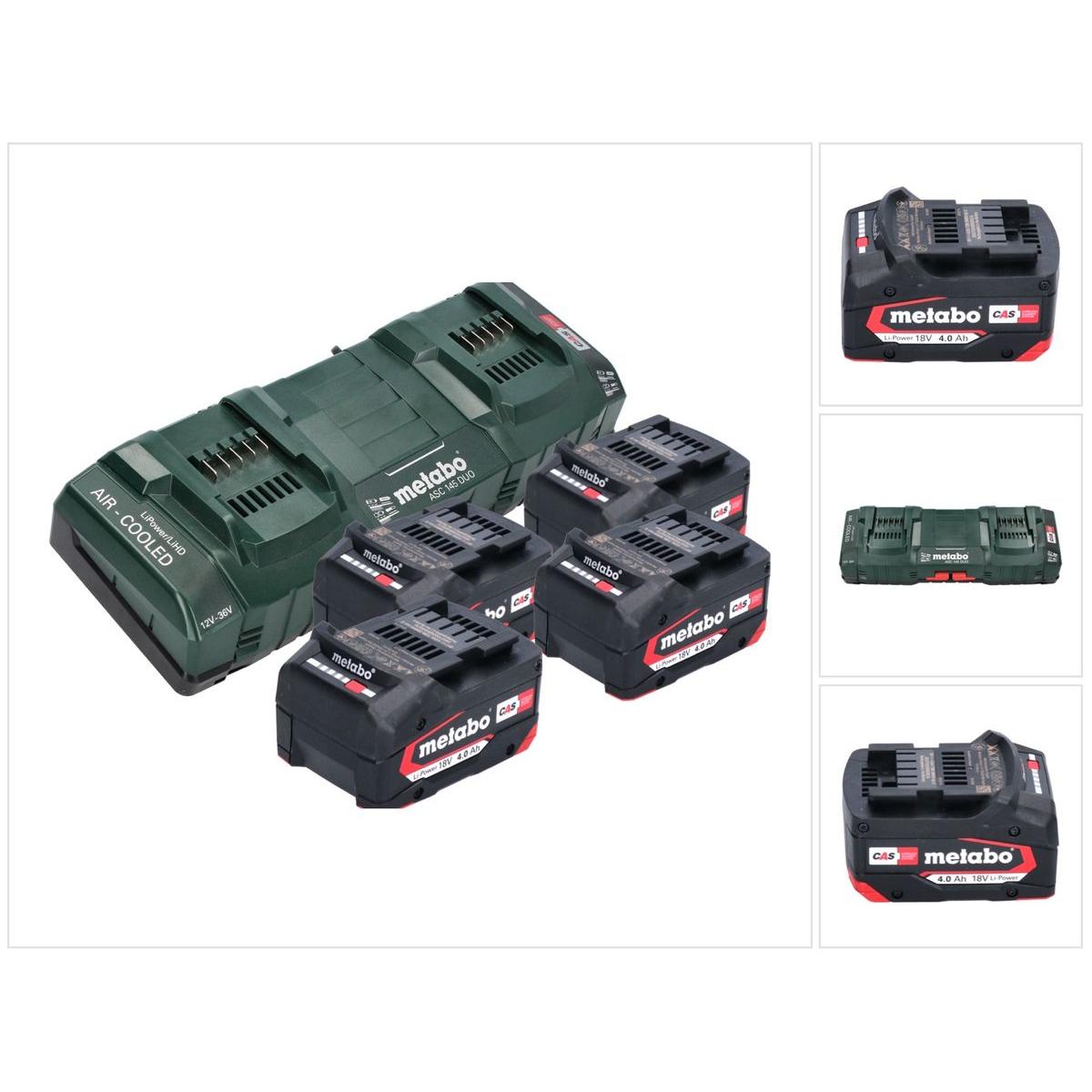 Metabo, Werkzeugakku + Ladegerät, Basis Set 4x Li-Power Akkupack 18 V 4,0 Ah CAS Li-Ion Akku ( 4x 625027000 ) + ASC 145 ...