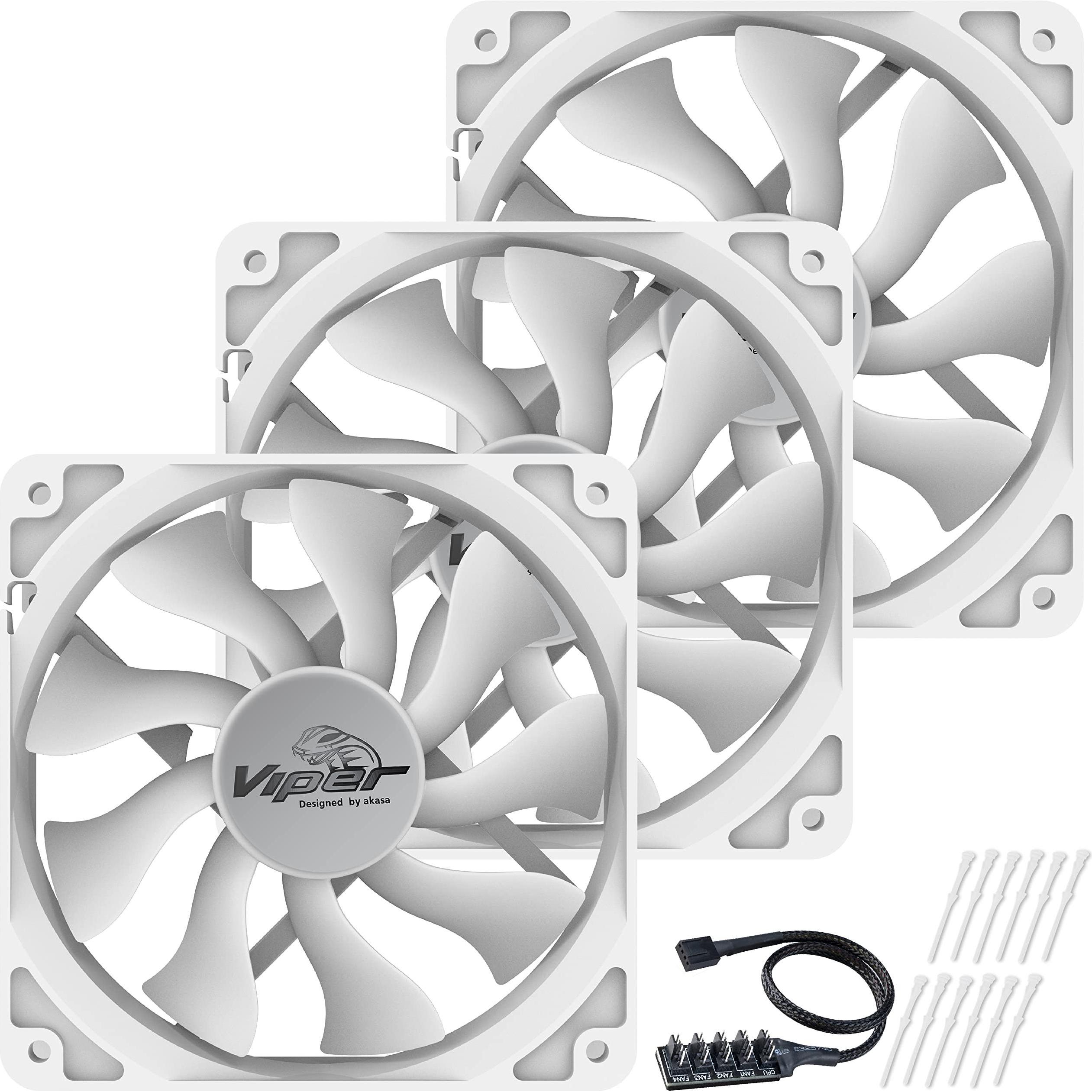 Akasa Wentylator ventilátor Viper, Baltas Fan 12cm, 120x120x25mm, HDB, 4 pin PWM, 3ks v balení (360000 mm, 3 x), PC Lüft...