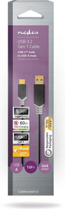 Actual product image Nedis USB cable USB 3.2 Gen 1 USB-A male USB-CT male 5 Gbps Gold-plated 1.00 m round PVC Anthrazi (1 m, USB 3.2 Gen 1, 60 W)