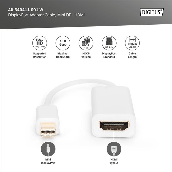 Actual product image Digitus DP Adapterk.,mini DP-HD 0.15m (HDMI, 15 cm)