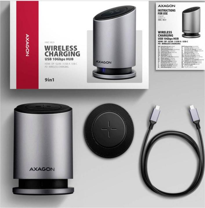 Produktbild Axagon HMC-WL9 9-in-1-Hub USB-C 10 Gbit/s kabelloses Laden Grau (USB-C, 9 Ports)