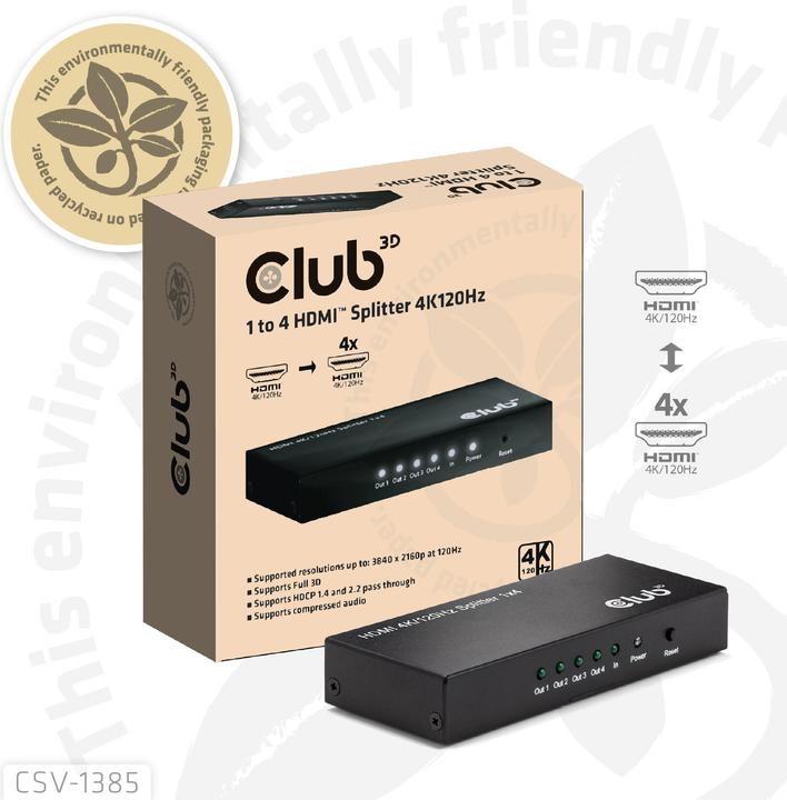 Actual product image Club 3D Club3D HDMI splitter 1 input -> 4 outputs 4K120Hz UHD retail