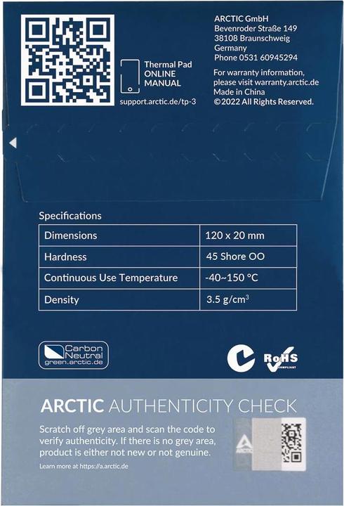 Produktbild Arctic TP-3 (120x20mm, t:1.0mm) Pack of 4pcs (1 mm, 6 W/m K)
