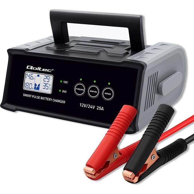 Qoltec, Caricabatterie per auto, Mikroprozessor-Ladegerät 12V 24V 25A (12V, 24V, 25 A)