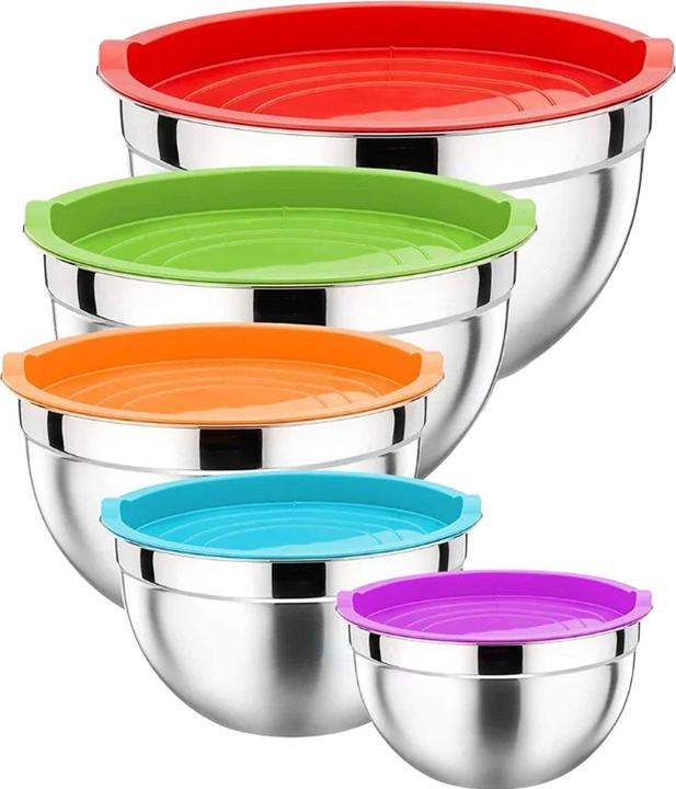 Herzberg Rührschüssel-Set aus Edelstahl mit Silikondeckel, 5 Grössen (26 cm, 4.30 l, 5 x)