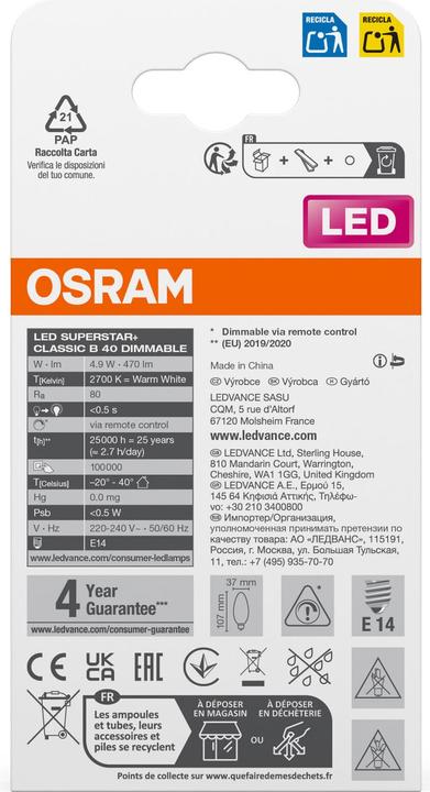 Immagine prodotto Osram LED STAR+ CLB RGBWFR 40 DIM via rem. con 5,5W/827 E14 470LM 2er BOX (E14, 470 lm, 2 x)