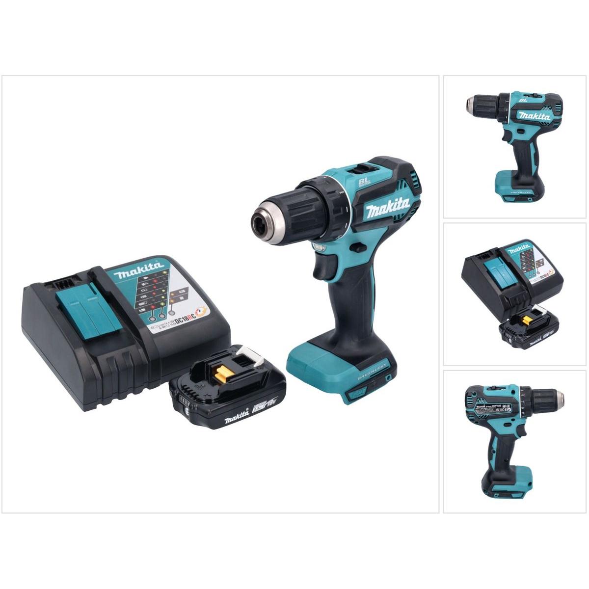 Makita, Bohrmaschine + Akkuschrauber, DDF 485 RA1 Akku Bohrschrauber 18 V 50 Nm Brushless + 1x Akku 2,0 Ah + Ladegerät (...