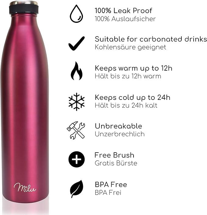Immagine prodotto Milu Bottiglia isolata 750ml + spazzola per la pulizia in silicone Colore: Berry / Rosa (0.75 l)