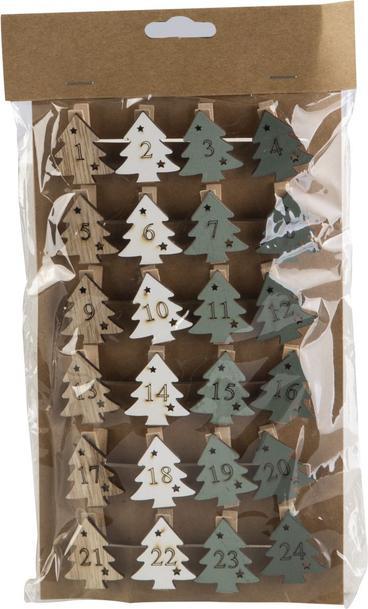MICA Living Adventskalenderclips Bäume - braun/weiss/grün - ca. 3,5 cm - 24 Stück