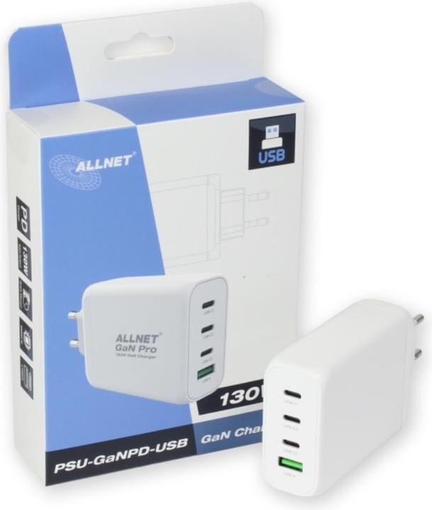 Produktbild Allnet ply 130 watt 1x usb typ-a qc 3x usb typ-c**eu plug** (130 W, 4 Ports)