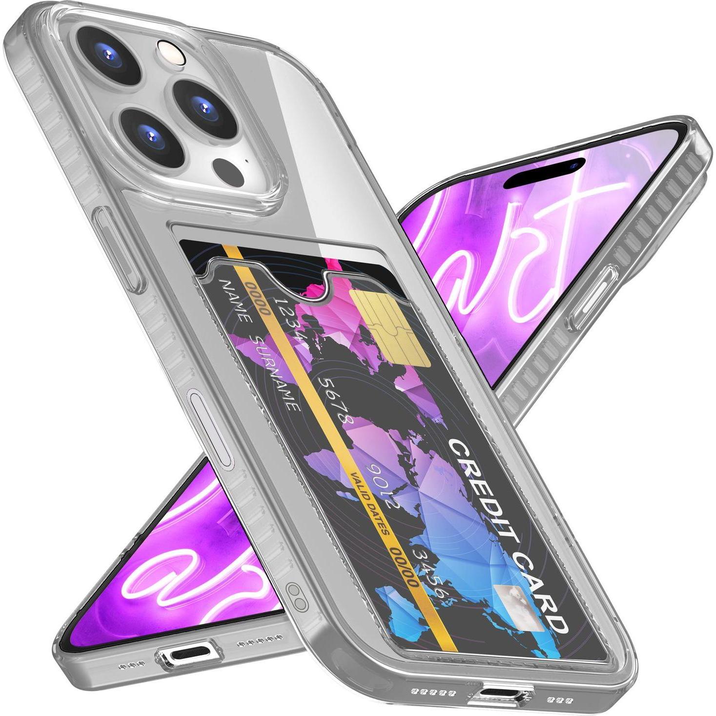 Nalia Klar Transparente Neon Silikon Hülle Kartenhalter (Apple iPhone 16 Pro), Smartphone Hülle, Grau