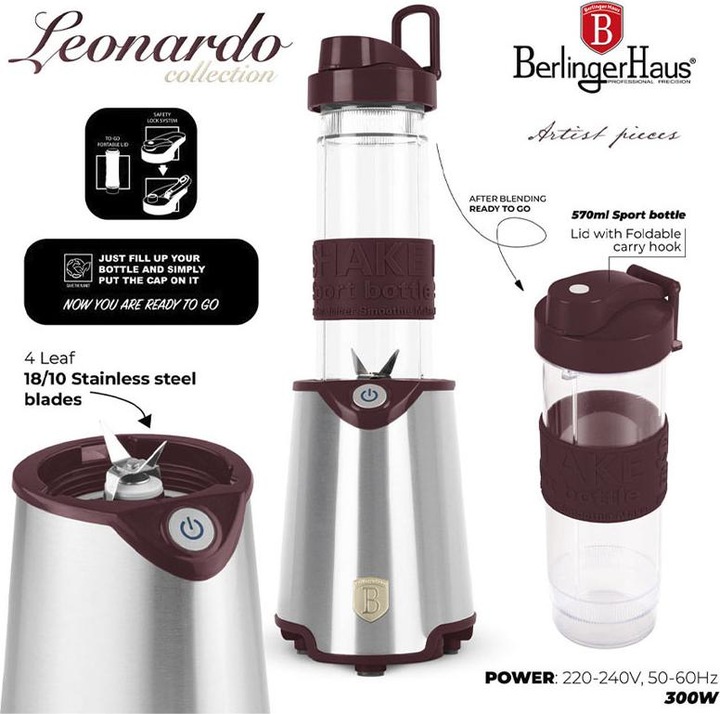 Produktbild BerlingerHaus Design Standmixer inkl. Sportflasche 570ml, 300 W, bordeaux (300 W)