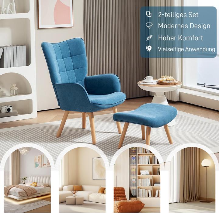 Immagine prodotto Homcom Ohrensessel mit Hocker Kord Blau