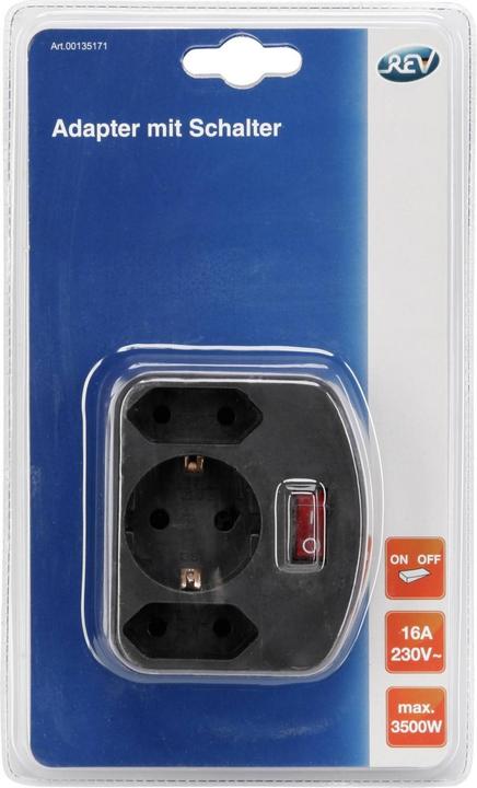 Actual product image REV 3-way adapter with switch (3x, CEE 7/16)