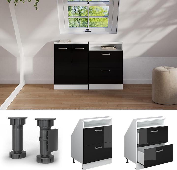 Produktbild Vichy Dachschrägenschrank Rion, Schwarz-Eiche Hochglanz/Weiss/Weiss, mit 2 Schubladen (46 x 46 x 81.60 cm)