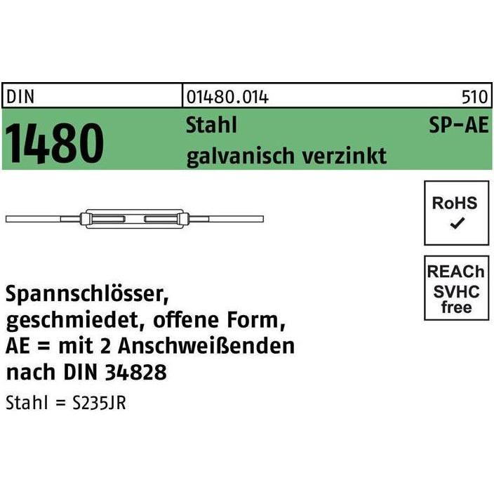 Seil + Kette Zubehör, Spannschloss DIN 1480 offen m.2Schweissenden SP-AE M 48 Stahl 3.6 verzinkt verzinkt verzinkt...