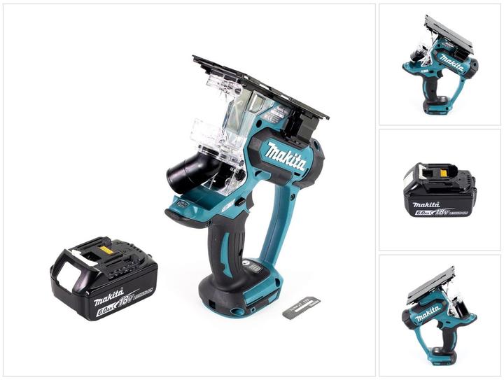 1x Makita DSD 180 accu-gipsplaatzaag, 1x zaagblad voor gips 55x 18 x 0,55 mm, 1x inbussleutel, 1x spanen- en stofvanger, 1x Makita BL 1860 B 18 V 6,0 Ah accu