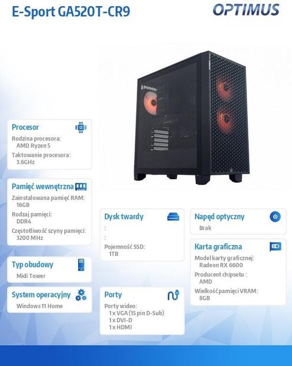 Actual product image Optimus Computer E-Sport GA520T-CR9 Ryzen 5 3600/16GB/1TB/RX 6600 8GB/W11H (1000 GB, 16.38 GB, AMD Ryzen 5 3600, Radeon RX 6600 XT)