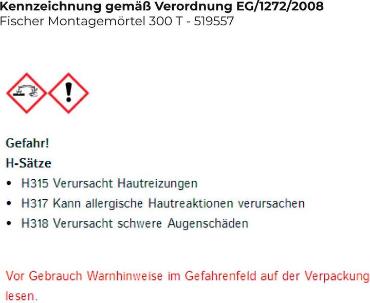 Nutritional values and ingredients Fischer Installation mortar FIS VL