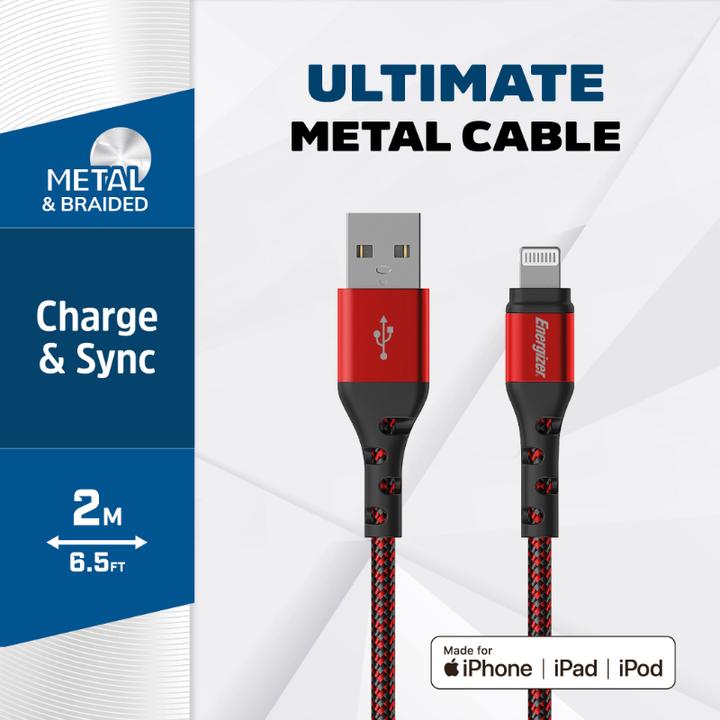 Actual product image Energizer Metal / braided nylon cable - Lightning - 2m, red (2 m, USB 3.2 Gen 1)