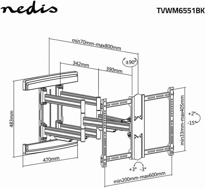 Image du produit Nedis Support TV mural entièrement mobile TVWM6551BK (Mur, 70 kg, 37" - 80")