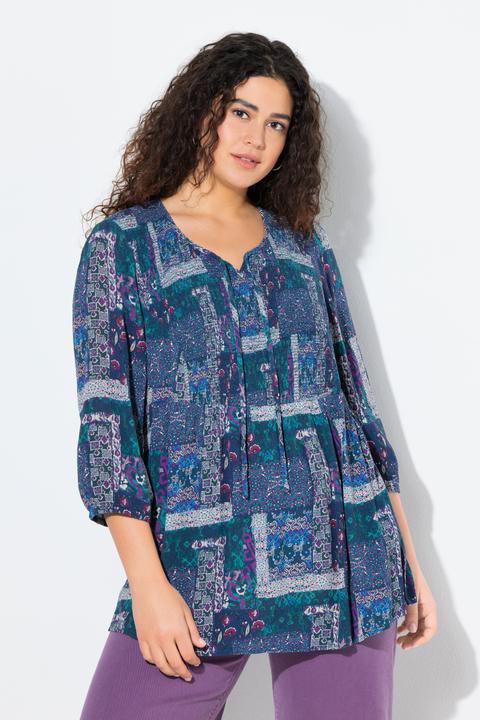 Actual product image Ulla Popken Patchwork Print Smocked 3/4 Sleeve Blouse (58)