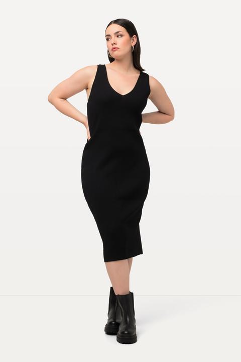 Produktbild Ulla Popken Strickkleid, Rippstrick, Slim, Midilänge, V-Ausschnitt, ärmellos (56)